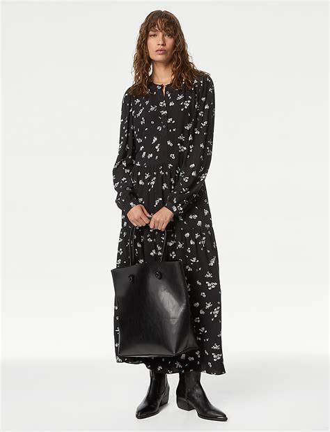 Buy Printed Round Neck Midi Tiered Dress at Marks & Spencer