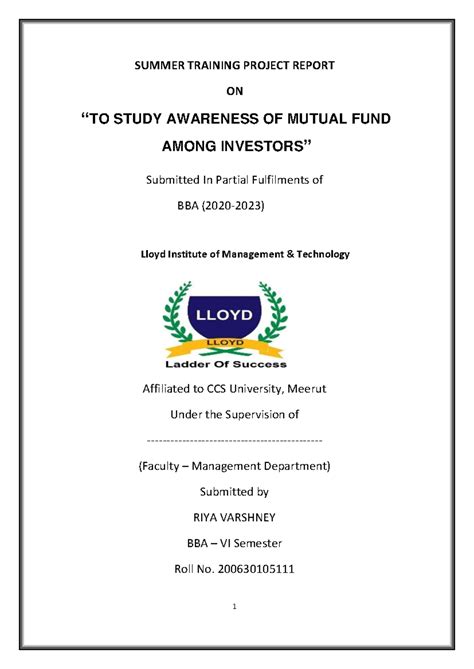BBA Project Report on Awareness of Mutual Funds Among Investors - Studocu