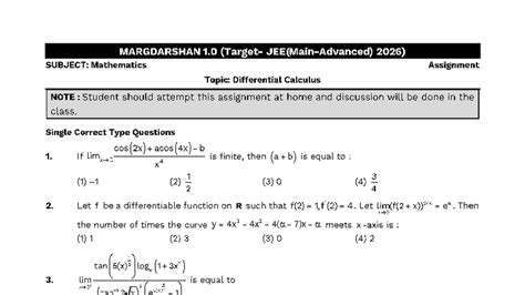 Mathematics Assignment: Differential Calculus for JEE (Main & Advanced ...
