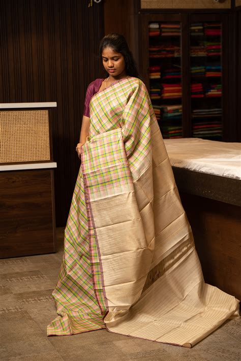 Green Multi Checks Kanjivaram Silk Saree – Clio Silks