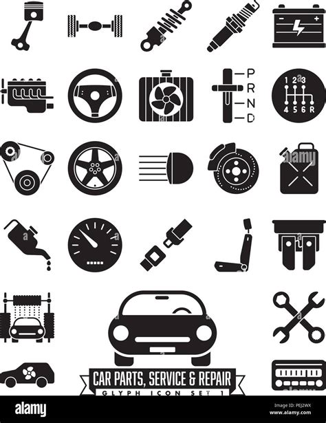 Collection of isolated car parts, service and repair glyph icons. Automotive symbols set 1 Stock ...