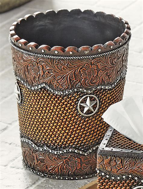 Western Star Tooled Leather Waste Basket- SALE | Lone Star Western Decor