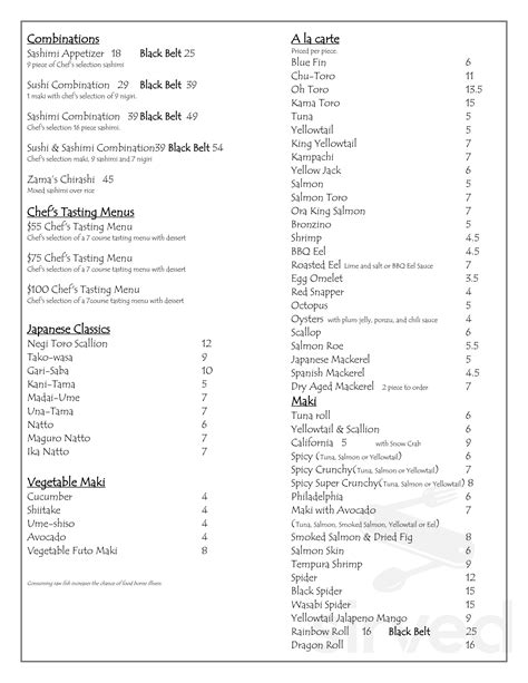 Zamá Restaurant Menu
