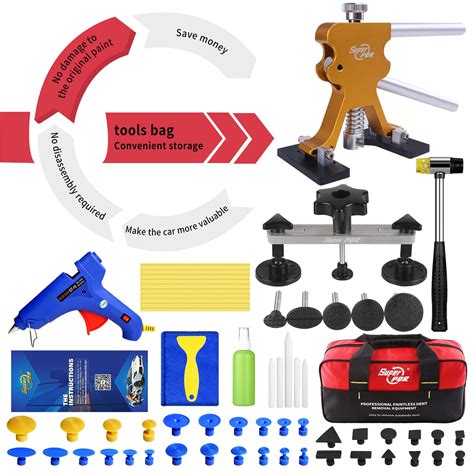 53PCS Car Dent Puller Kit – Paintless Dent Removal With Bridge Puller & Golden Lifter, Glue Gun & Tabs For Auto Body Repair (Hail, Door Dents, Metal Surfaces)