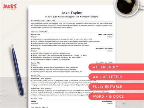 Jake's Resume Word DOCX Google Docs Template | IT, Tech, Software ...