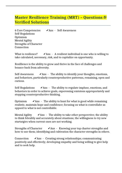 Master Resilience Training (MRT) – Questions & Verified Solutions - Master Resilience Training ...