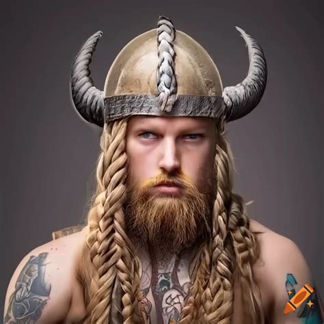 Young rugged viking with braided blond hair, tattoos, and a helmet on ...