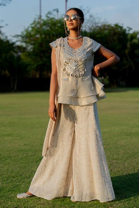 Buy Gold Tissue, Jacquard Mirrors, Tassels Embroidered Peplum Top ...