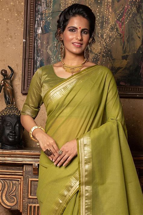 Buy Avocado Green Plain Linen Saree 28301 Online | Karagiri
