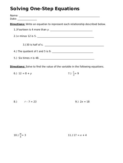 Solving One-Step Equations Worksheet - Blank Fillable Template | Fill ...