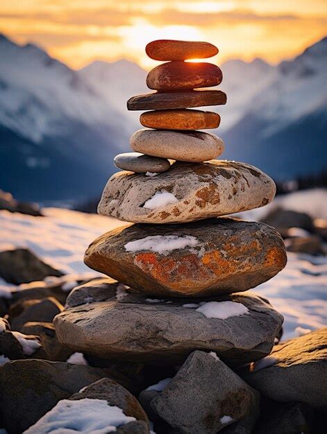 There is a stack of rocks sitting on top of a pile of snow generative ...