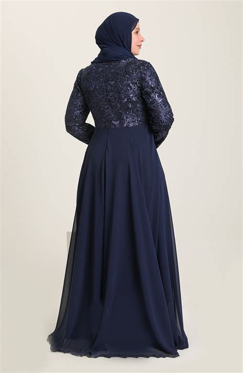 Navy Blue Hijab Evening Dress 6388-02 | Sefamerve