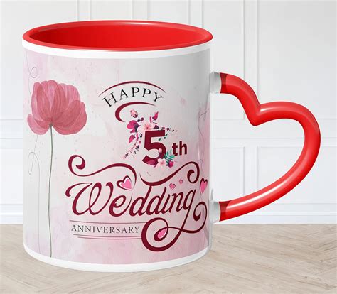 Buy Happy 5th Wedding Anniversary Printed Heart Handle Mug for Marriage ...