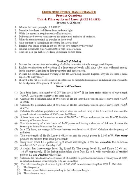 BAS201 Practice Questions Unit 4: Fibre Optics & Laser Concepts - Studocu