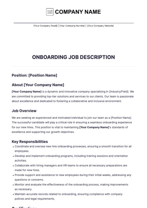 Free Onboarding Job Description Template to Edit Online