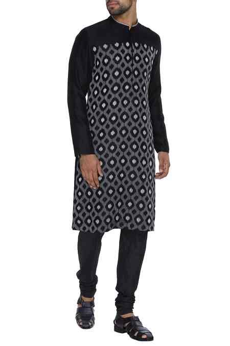 Buy Black Chanderi Embroidery Classic Kurta For Men by Dev R Nil Online ...