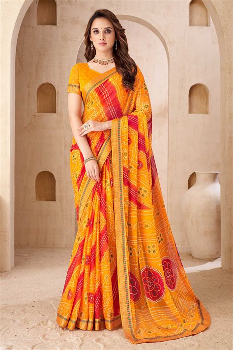 Buy Yellow Lace Work Chiffon Bandhani Saree zb134676 | Saree Buta