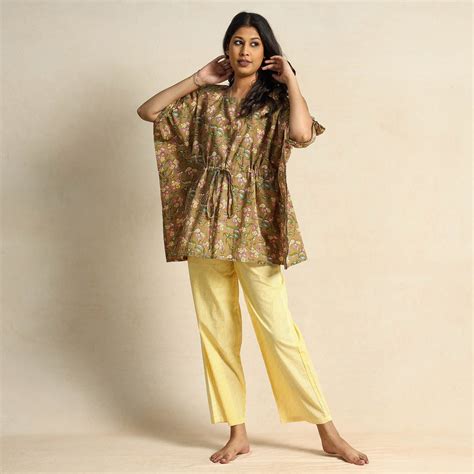 Brown Block Printed Cotton Kaftan Pyjama Night Suit Set