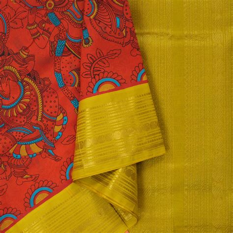 Hayagrivas Red Pure Printed Silk Cotton Saree with Sampanga Yellow Bor ...