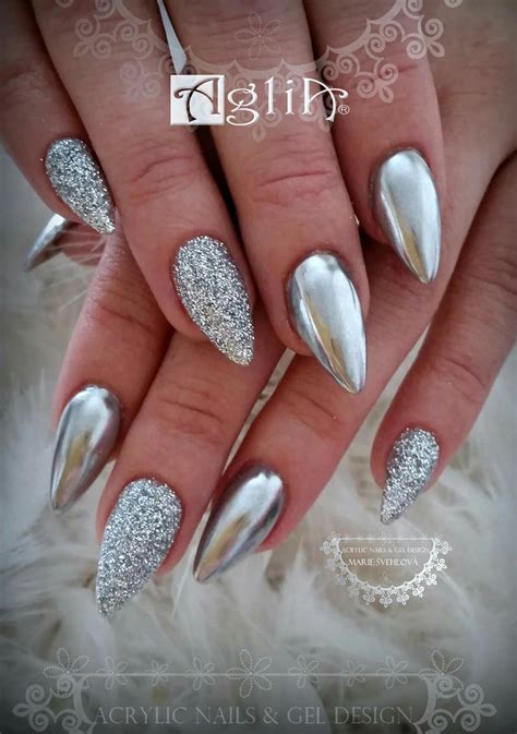 Acrylic nails & Gel design * Silver nails * Silver chrome ♡ Chrome ...