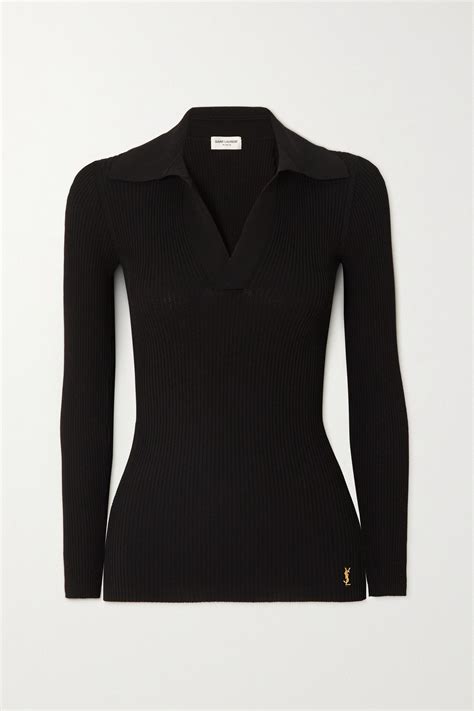 SAINT LAURENT Embellished ribbed-knit polo sweater | Ribbed knit ...