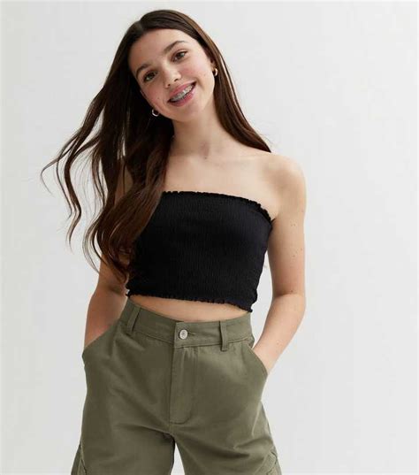 Girls Black Shirred Bandeau Top | New Look