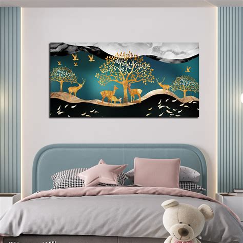 Canvas Wall Painting of Golden Trees With Birds And Deer – Homcraft