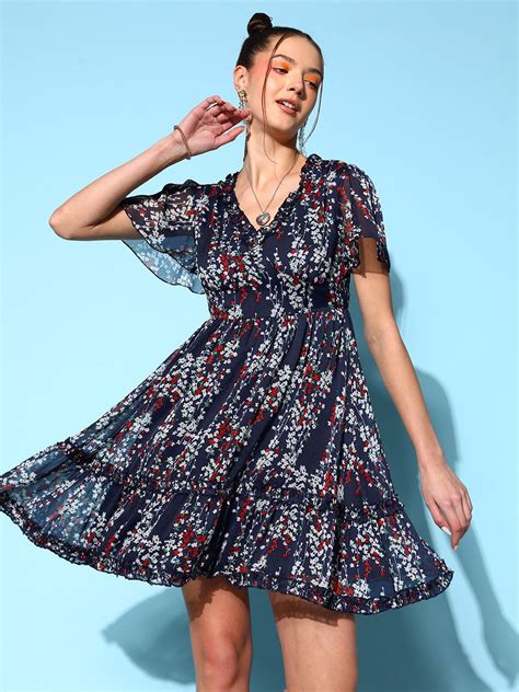 Women Navy Blue & White Floral Printed V-Neck Crepe Woven Flared A-Line ...
