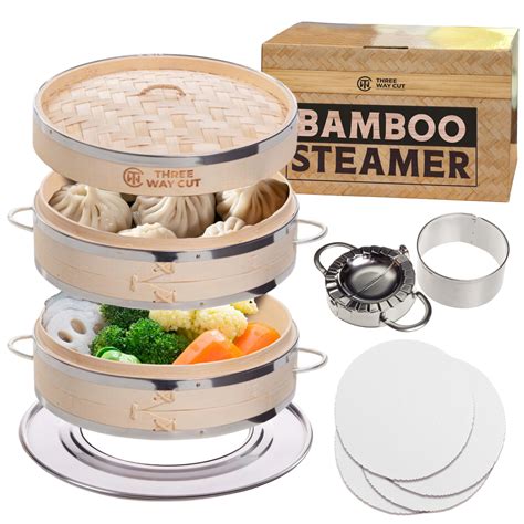 Amazon.com: Dumpling Bamboo Steamer 10 Inch 2 Tier Wooden Basket With ...