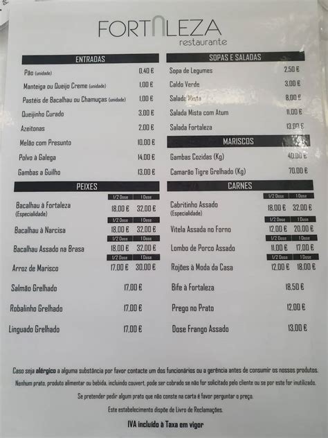 Carta del restaurante Fortaleza del Valença, Valença