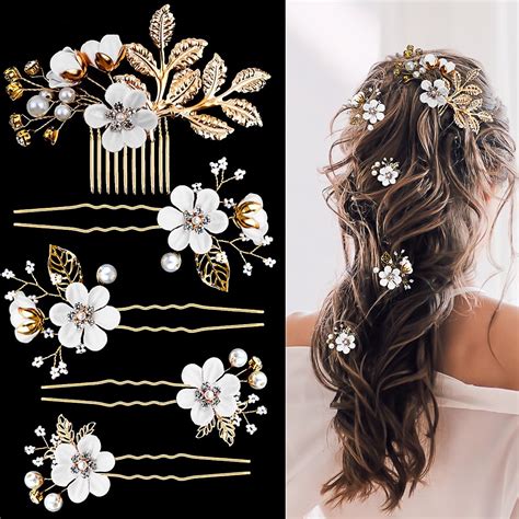 Amazon.com : 5 PCS Bridal Flower Wedding Hair Pins Crystal Pearl Bride ...