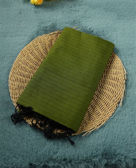 Olive Green colour poly cotton saree with black vertical dotted line p