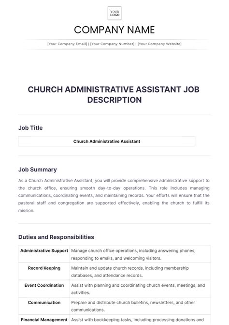 Free Church Administrative Assistant Job Description Template to Edit Online