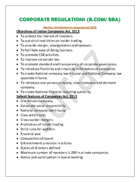 Corporate Regulation Practice Note for BBA: Companies Act 2013 Overview ...
