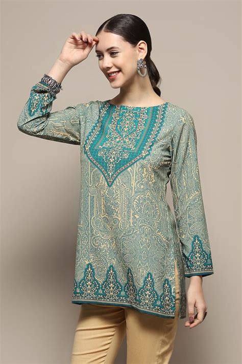 Green and Beige Printed Regular Fit Straight Kurti at Biba India