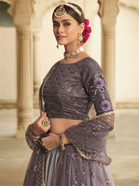Grey Silk Embroidered Lehenga Choli