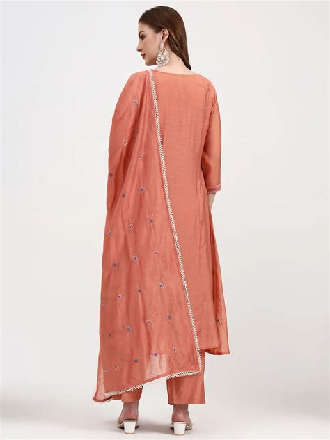 Peach Chanderi Silk Kantha Work Anarkali Kurta Trouser Dupatta Set ...