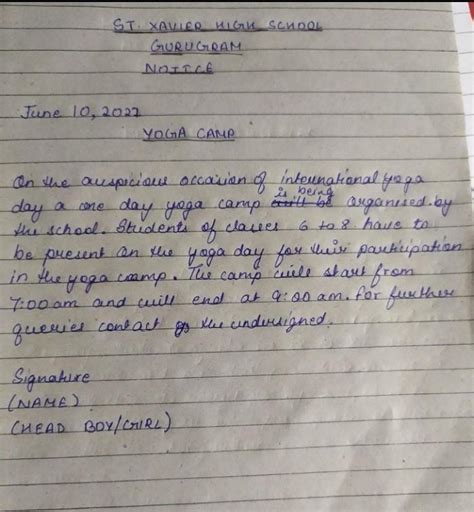 Write a notice informing people in the society about the yoga camp ...