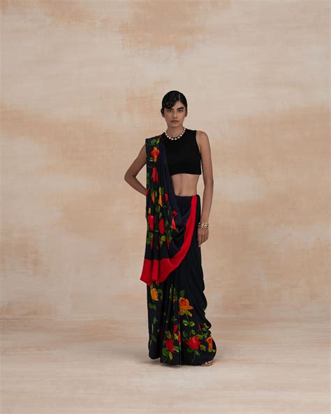 Elegant Black Floral Hand Painted Designer Crepe Sarees | Vichitra ...