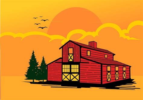 Illustrazione vettoriale di un fienile con nuvole e design del ...