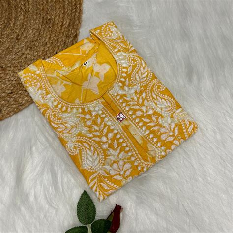 Mulmul Cotton Chikankari Machine Work Kurti - Yellow Colour – Chikankaar