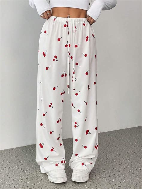 Flirla Women's Casual Full-Width Cherry Print Low Waist Drawstring ...