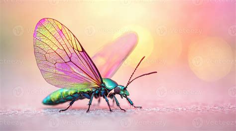 Vibrant iridescent insect with large colorful wings on a soft pink ...