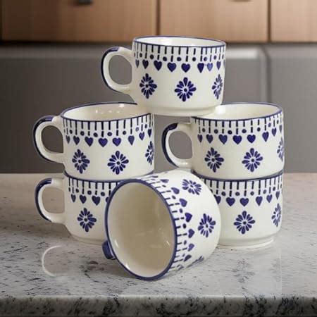 Handmade Ceramic Tea Cup Set of 6 Pcs-150ml | Hanpainted Blue Floral ...