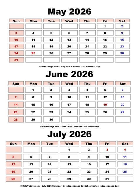 May June July 2026 Calendar Printable PDF