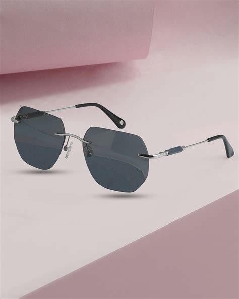 Men Premium Polarised UV Protected Blue Lens Silver Toned Rimless Sung ...