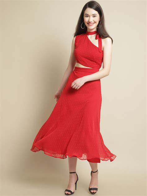 Red Side Cut-Out Dress With Neck Tie Band