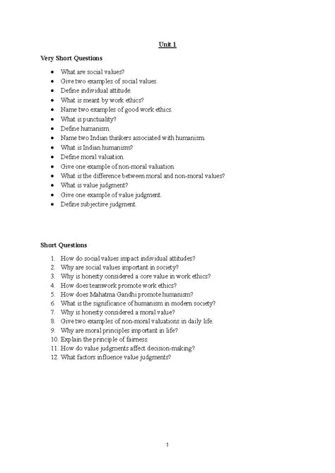 Question Bank (Value Education) - Unit 1 to Unit 5 Short & Long ...
