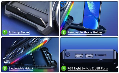winPlus Adjustable Laptop Cooling Pad with 6 Fans, RGB Lights, Phone ...