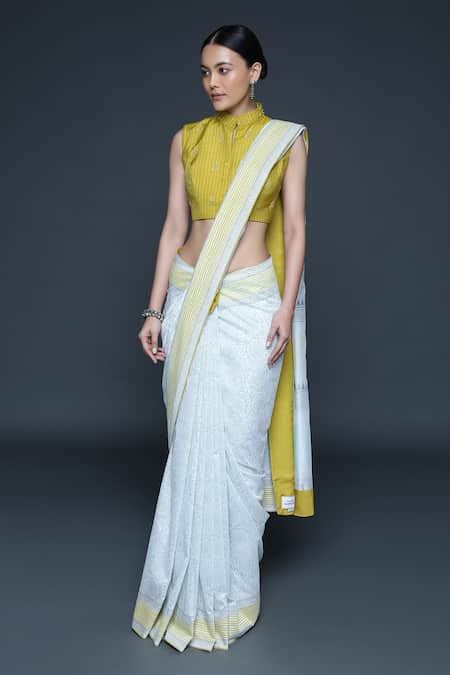 Buy Yellow Chanderi Printed Floral Band Collar Block Saree With Blouse ...